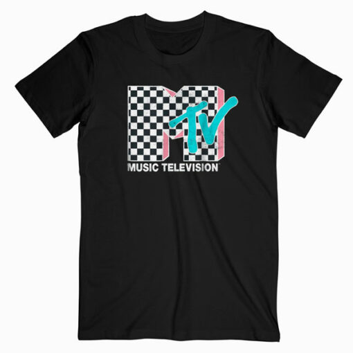 MTV Neon Distressed Checkered Logo Graphic T Shirt