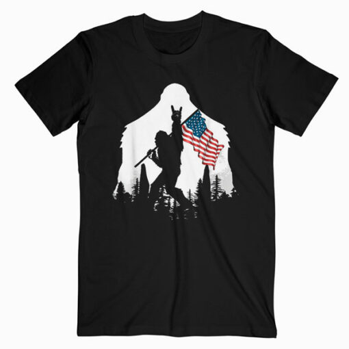 Bigfoot Victorty sign Peace USA Flag in the forest camping T Shirt