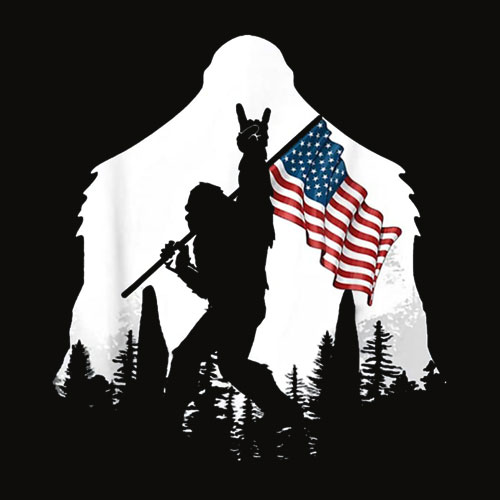 Bigfoot Victorty sign Peace USA Flag in the forest camping T Shirt