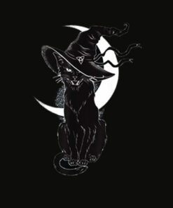 Vintage Scary Halloween Black Cat Costume Witch Hat and Moon T Shirt