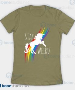 Stay Weird Rainbow Unicorn T-Shirt Light Olive
